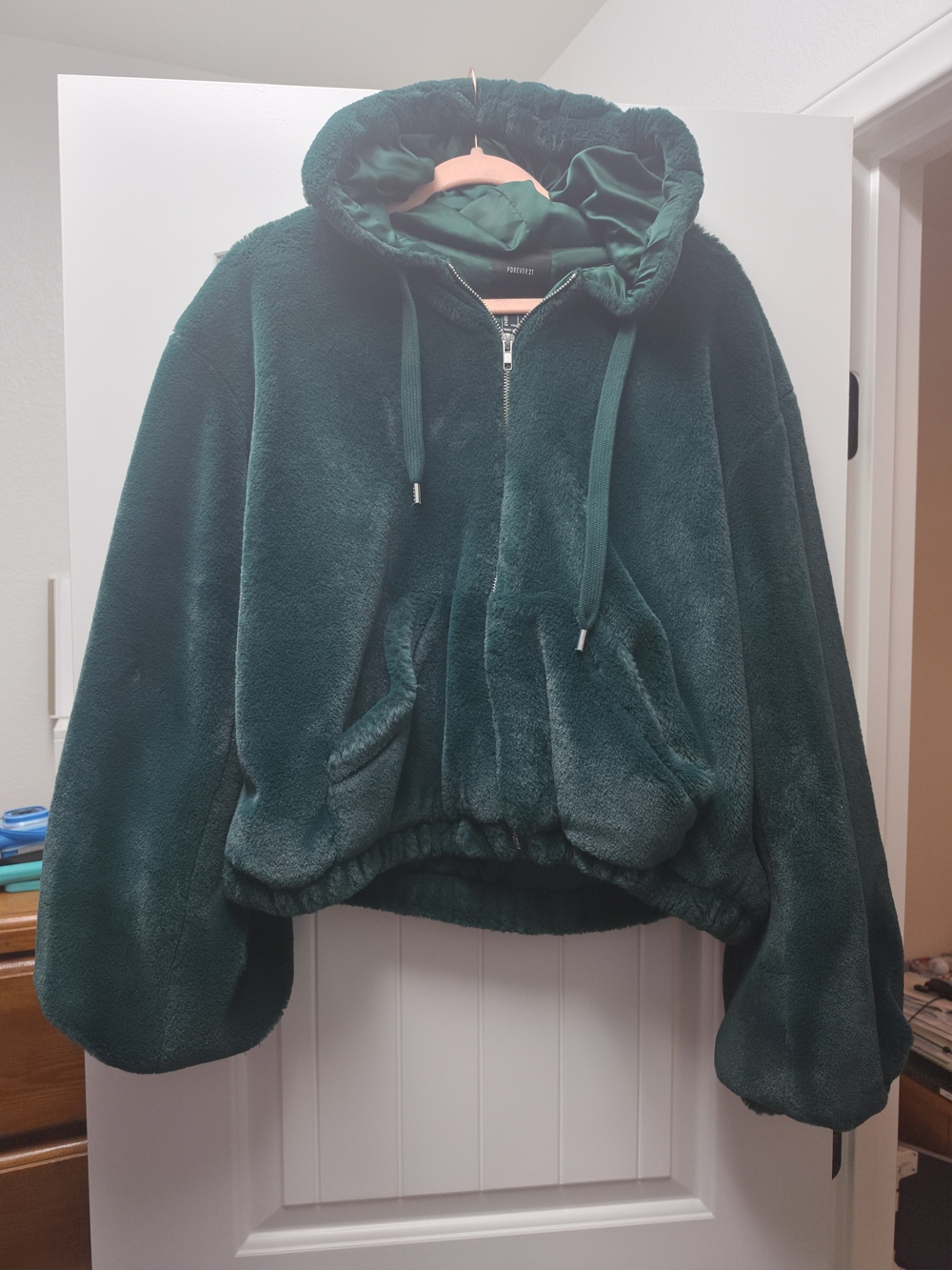 Forever 21 Plush Hooded Zip Jacket in Deep Green